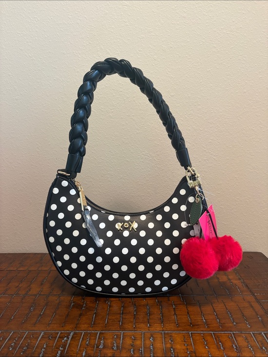 Betsey Johnson Handbags - Betsey Johnson Black & White Polka Dot Crescent Shoulder Bag with Cherry Charm